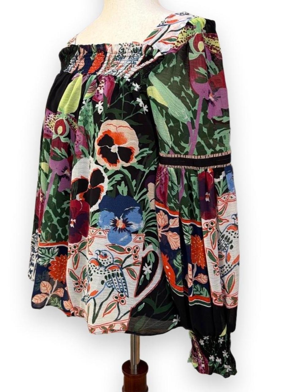 Anthropologie Lil Sire Patchwork Blouse Multi Print Balloon Sleeve Square Neck